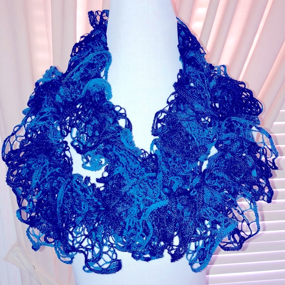 Handmade Ruffle Crochet Scarf, Shades of Blue